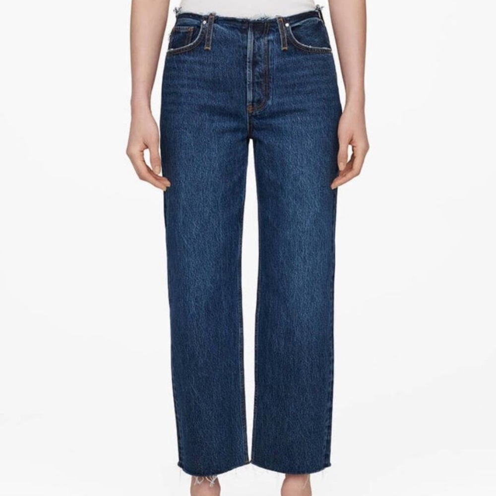 Anine Bing 1999 Gavin Mid Indigo Denim Raw Hem Waist Size 28